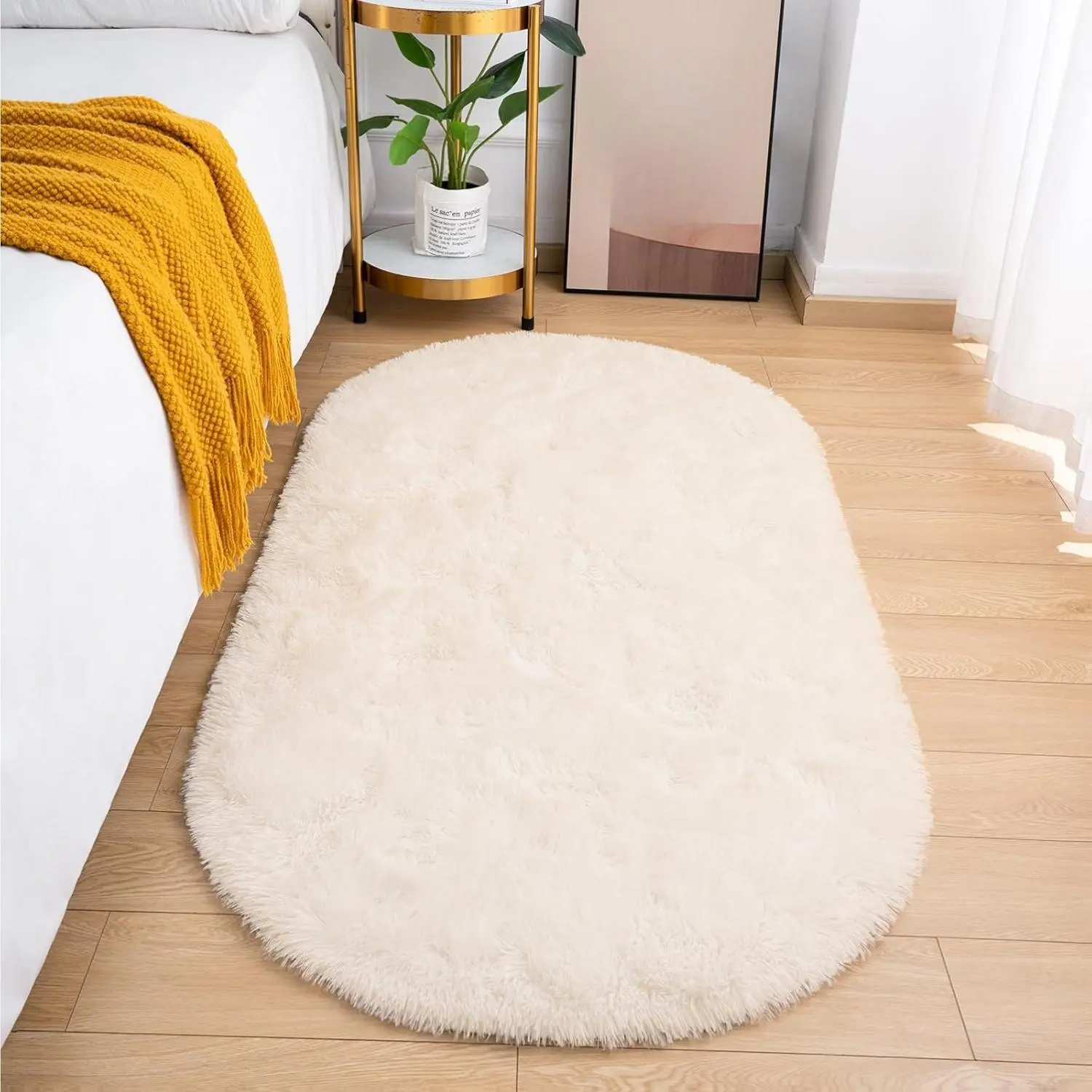 Fluffy Bedroom Rug, Small Oval Area Rugs, Cream Shag Bedside Carpet for Kids Room Nursery Dorm Cute Fuzzy Indoor Decor for Boy and Girl, 2.6 x 5.3 Feet
