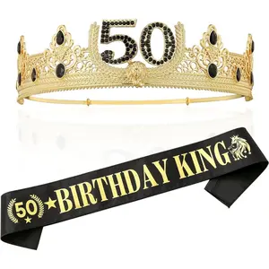 Gold Crown and Sash for 50TH Birthday King, Metal Birthday Party Decoration for Men
