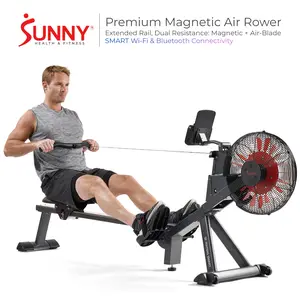Sunny Health & Fitness Premium Foldable Magnetic Air Rower with Extended Rail, Dynamic Dual Resistance 16 Levels of Magnetic Resistance Air-Blade Technology, Cushioned Ergonomic Seat, Pro Grade Build, Compact, SMART Wifi Bluetooth, Tall & Big Compatible