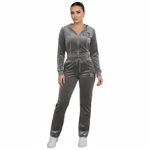 Velour set,long  pants Womenswear Comfy Loungewear Long Sleeve Comfortable Hoodie Soft Fabric Fit Day Elegance two-piece set Winter Zipper Clothes