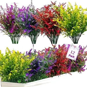 12 Bundles Outdoors Artificial Flower Set, Artificial Flower Decorations, Artificial Lavender Flowers, UV Resistant No Fade Flowers for Wedding Home Office Decoration, Plastic Greenery Flower Hanging Garden Window Box Vase Decor