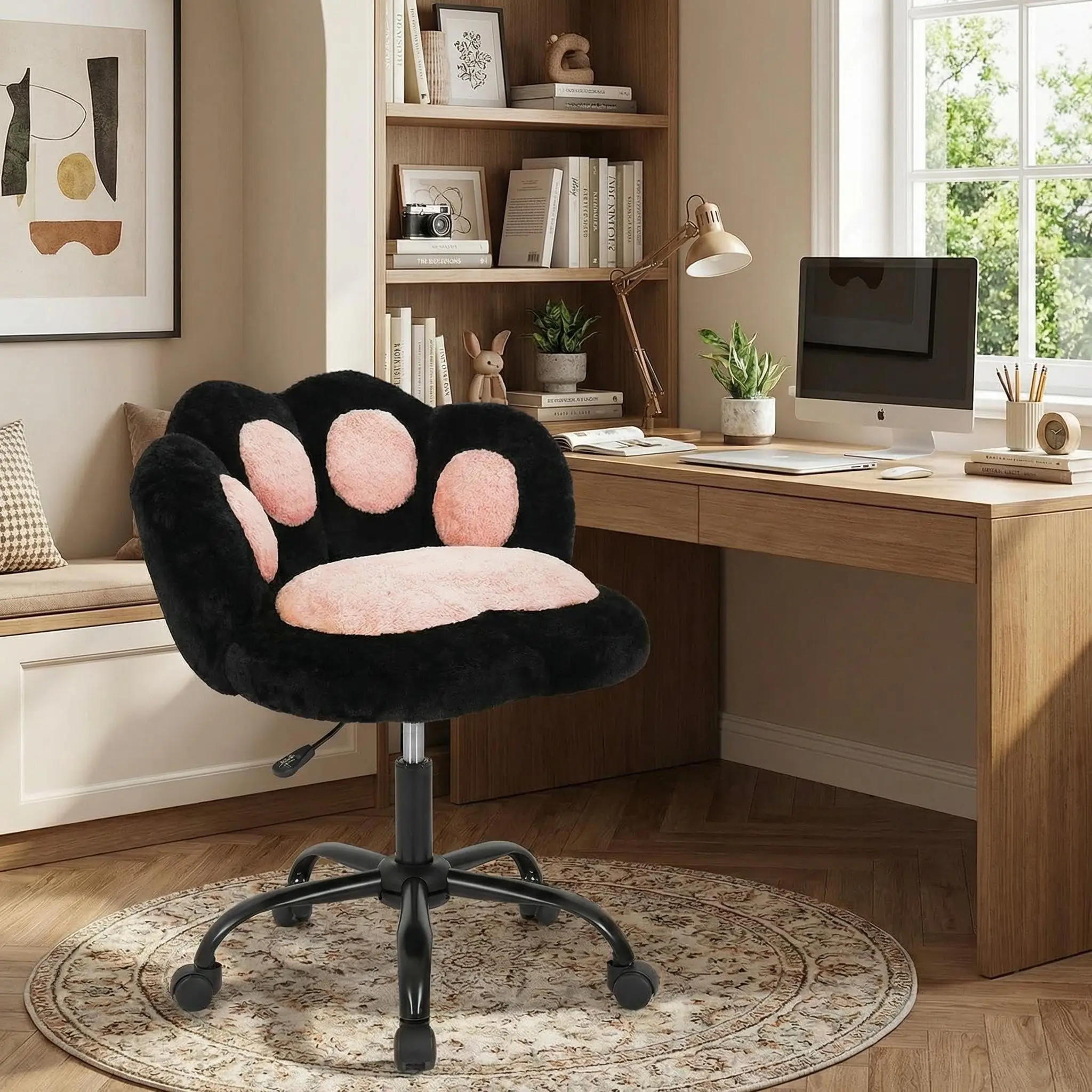 GAOMON Modern Cute Armless Office Chair with Cat Paw Back,Comfy Small Desk Chair with Wheels,Ultra-Plush Fleece Cute Vanity Chair,Swivel Height Adjustable Computer Chair for Home Office,Make-Up Room,Bedroom