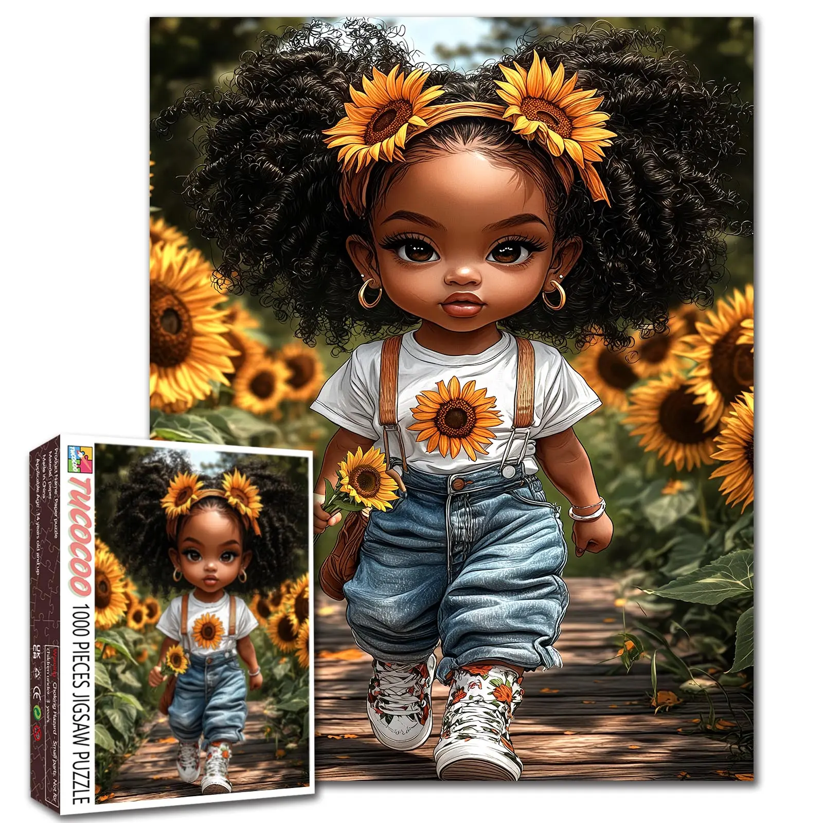 Tucocoo Sunflower Girl Portrait Garden 1000 Pieces Jigsaw Puzzle Adult, cute curly girl with floral headband in field, warm nature scene, relaxing family game, stress relief, brain challenge, wall decor gift for adults seniors 27.5x20inch 70x50cm, Puzzle