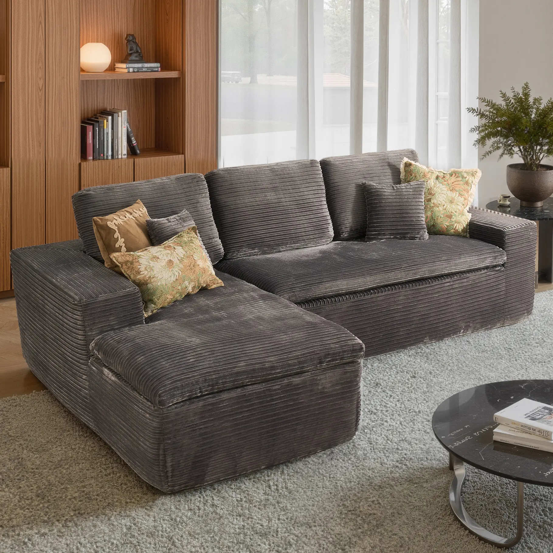 Grey Corduroy Left Chaise