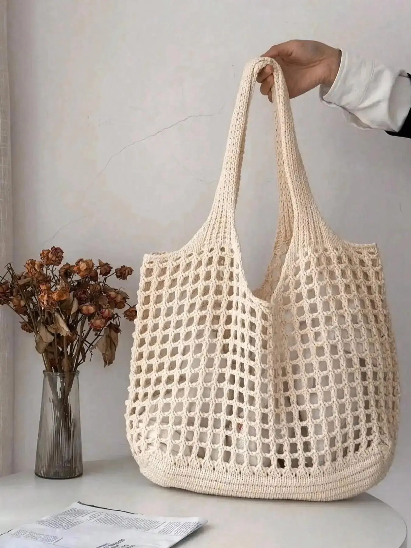 Women's Hollow Out Crochet Shoulder Bag, Fashionable Solid Color Knit Athletic Bag for Daily Used, Casual Trendy Versatile High-quality Woven Tote Bag