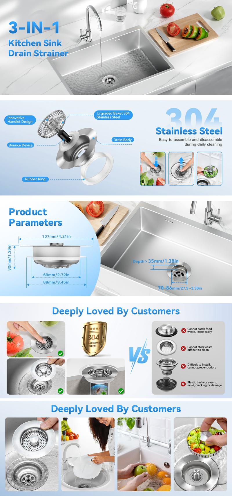 71-JOMST 3-in-1 Kitchen Sink Drain Strainer, Stainless Steel Sink Plug, Deodorizing Anti-Clog Basket Strainer for US Standard 3-1/2 Inch Drains