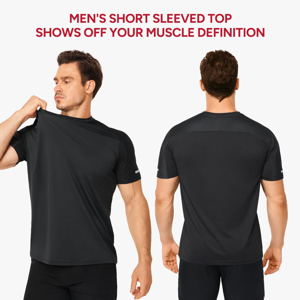 Nebility Men's Workout Shirts Quick Dry Moisture Wicking with Reflective Strips Lightweight Mesh Athletic Tees Comfortable Slim Round Neck for Running Gym Training Summer