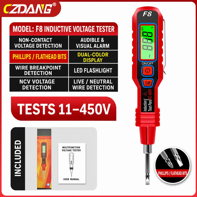 F8Digital Voltage Tester Pen, Non-Contact AC Voltage Detector 11-450V with LCD Display & Live/Neutral Wire Test