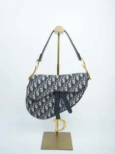 Pre-owned Dior canvas/leather Shoulder Bags Christian Oblique Saddle Bag Blue