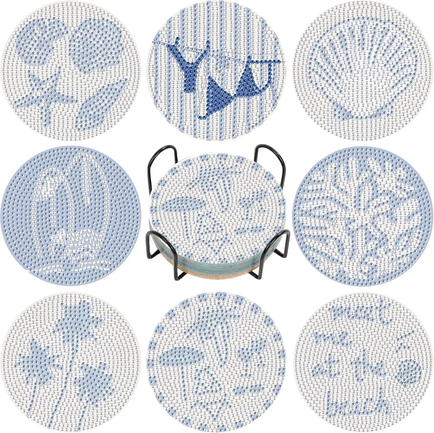 5D Diamond Painting Coasters Set 8Pcs Blue Ocean Beach Seashell Marine Pattern DIY Crystal Rhinestone Round Cup Mat With Holder Table Home Decor Gift