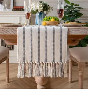 Boho Table Runner 72 Inchs Long Grey and Beige, Cotton and Linen Woven with Tassels, for Modern Rustic Farmhouse Neutral Table Runners, Bohemian Kitchen Dining Table  Decor