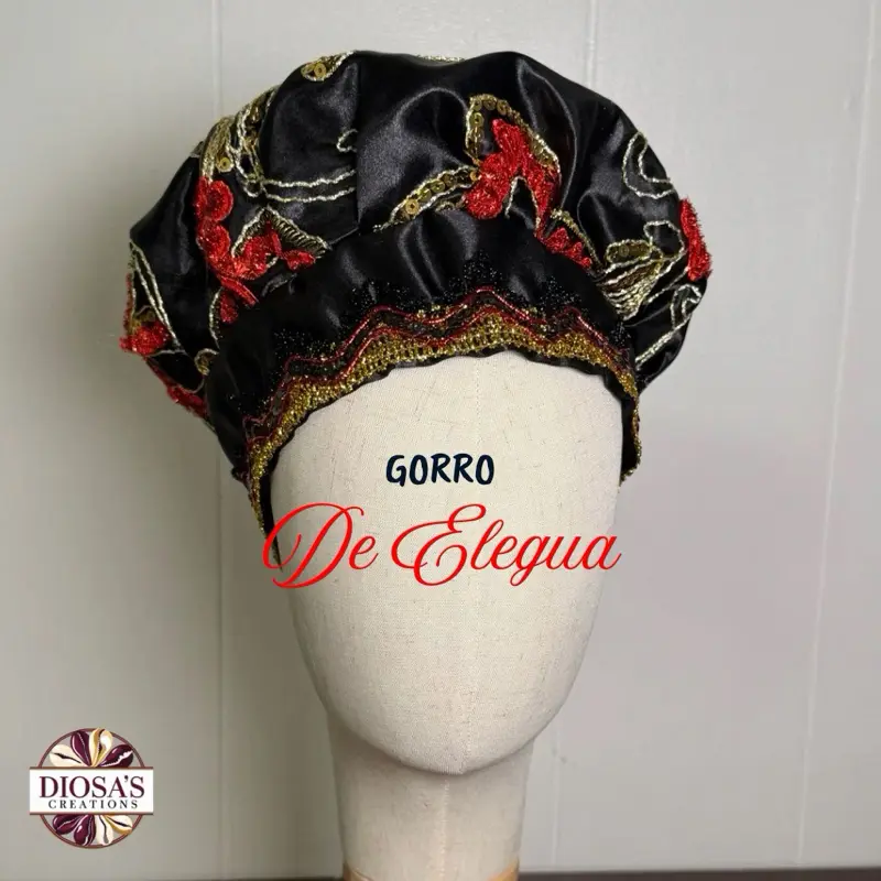 Elegua Hat / Gorro de Elegua | Handmade Traditional Afro-Cuban Religious Headwear | Black & Red Embroidered Head Covering | Hecho a Mano