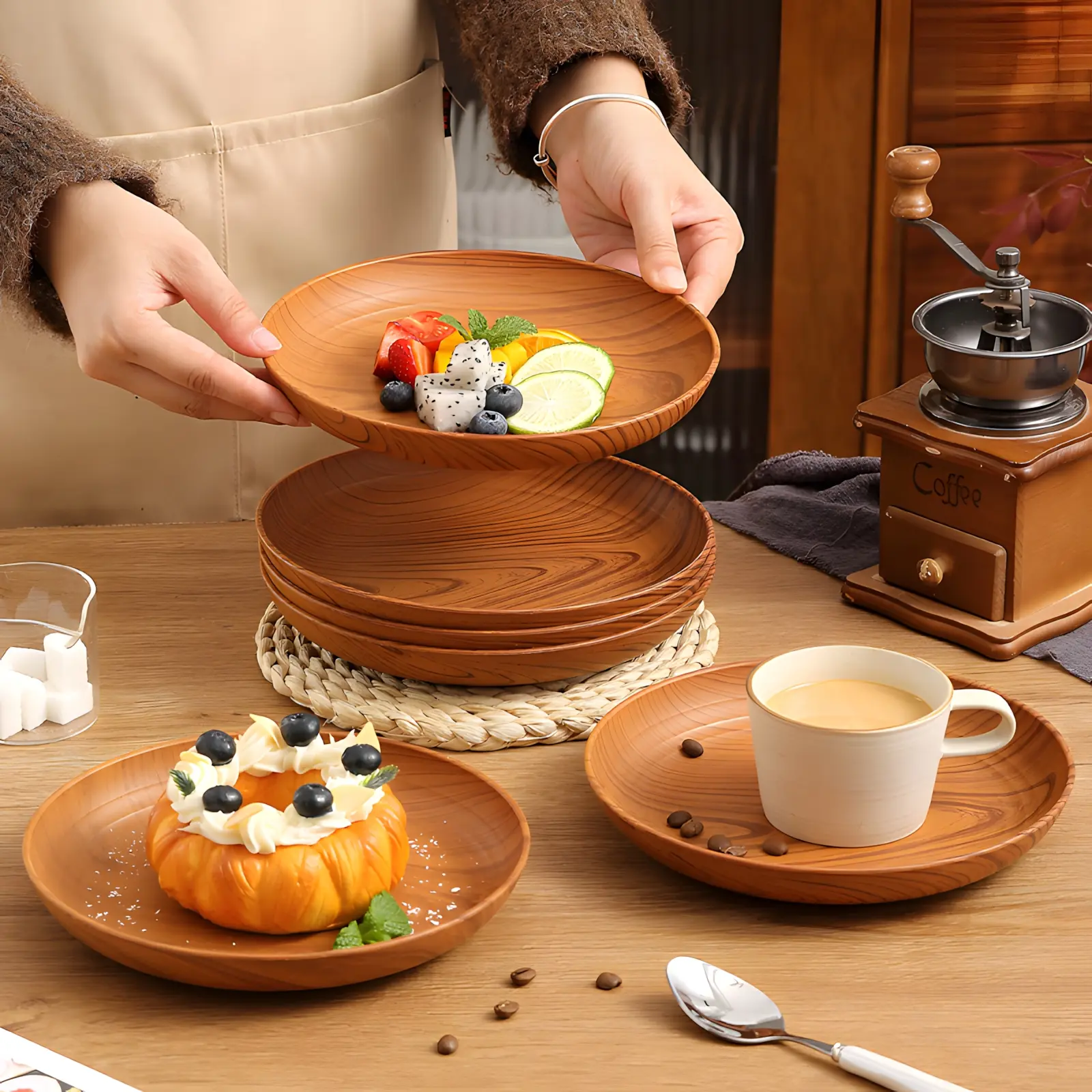 6Counts/set Wood Grain Plastic Plates Set, Thick Design, Dining Plate Set, Ideal for Home & Outdoor Use, Perfect for Parties & Camping,Reusable Dinner Plates for Food, Snack, Dessert, Dinnerware, Party Plates