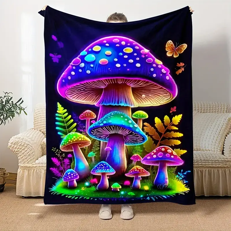 Neon Mushroom Print Fleece Blanket - Soft, Warm Reversible Flannel Throw with Magical Forest Design for Sofa, Bed, Travel, Allseason Blanket