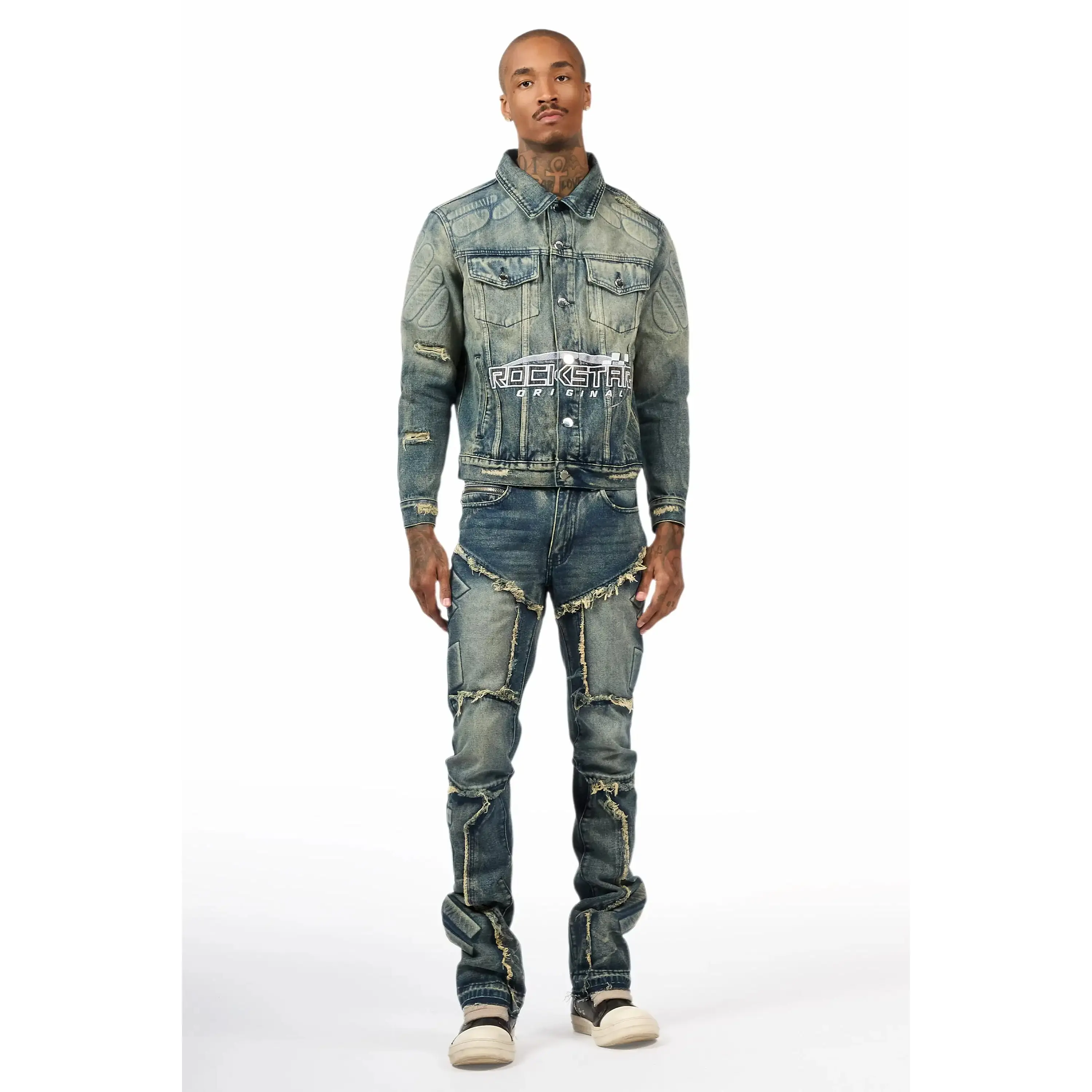 Throttle Blue Denim Jacket/Stacked Flare Jean Set Throttle Blue Denim Jacket/Stacked Flare Jean Set
