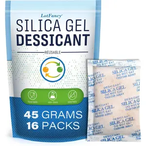 LotFancy Silica Gel Packets, 45 Gram 16 Packs Rechargeable Desiccant Packs for Storage, Moisture Absorber Drying Bags with Orange Indicator, Non-Toxic