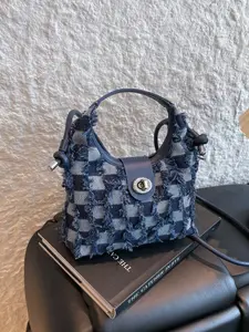 Women's Denim Check Fringe Mini Bucket Bag, Plaid Pattern Design with Metal Lock Decoration, Stylish & Functional Ladies' Handbag