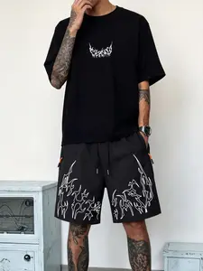 Men's Sportswear Set, Short Sleeve T-Shirt + Shorts, Printed, Elastic Drawstring Waist, Lightweight, Street Style, Outdoor Daily Wear