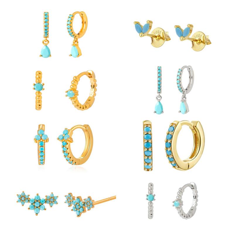 Turquoise Hoop Earrings Set for Women, 18K Gold Plated Silver Plated Huggie Hoops with Blue Gemstone, Hypoallergenic Small Circle Earrings Pack for Daily & Party Wear
