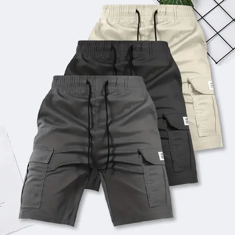 Men's Mid-Waist Fitted Cargo Shorts - Plain Solid Color, Inelastic, Multiple Pockets, Durable Breathable Fabric, Practical Menswear for Summer Casual Wear, Holiday Outdoors, Men's Clothing