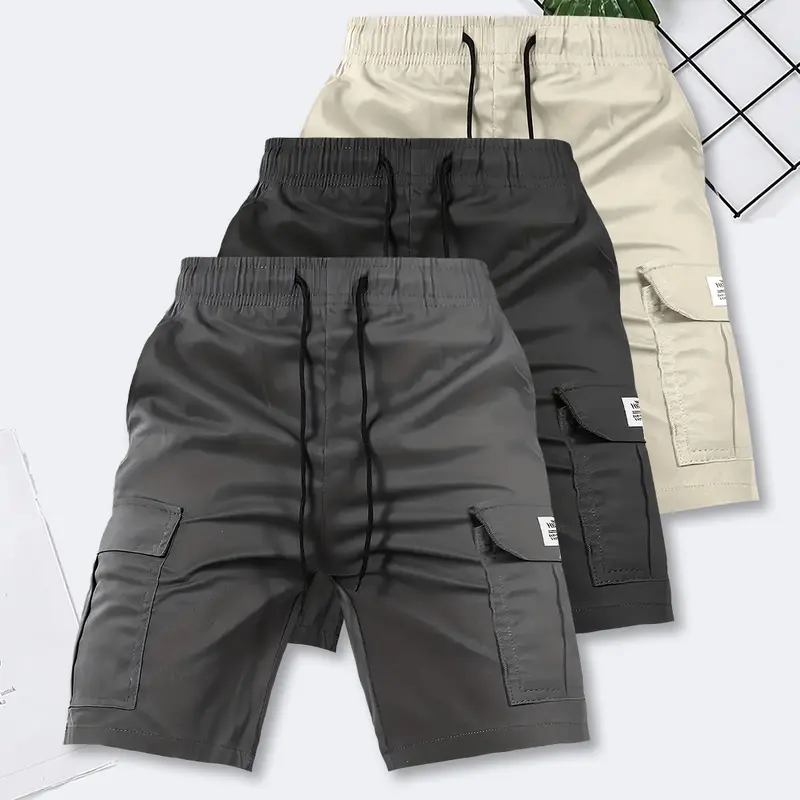 Men's Mid-Waist Fitted Cargo Shorts - Plain Solid Color, Inelastic, Multiple Pockets, Durable Breathable Fabric, Practical Menswear for Summer Casual Wear, Holiday Outdoors, Men's Clothing