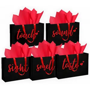 5 Senses Gift Bags Five Senses Gift Bags with Tissue Paper Kraft Paper Bag with Ribbon Handles for Anniversary, Valentine's Day, Birthday for Him Husband Boyfriend (Red black)valentine's day decor