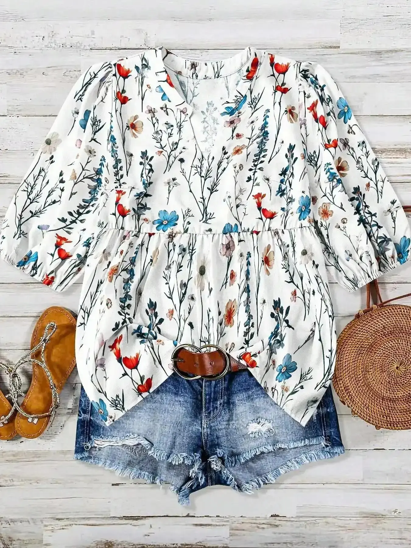 [Plus Size] Floral Print Tie Neck Blouse, Boho Ruched Bust, Style Shirt, Casual Short Sleeve Top for Daily Holiday Vacation Wear, Women Clothing All Seasons, Summer Vibes, Ethereal, Cozy, Relaxed Fit, Summer Vibes