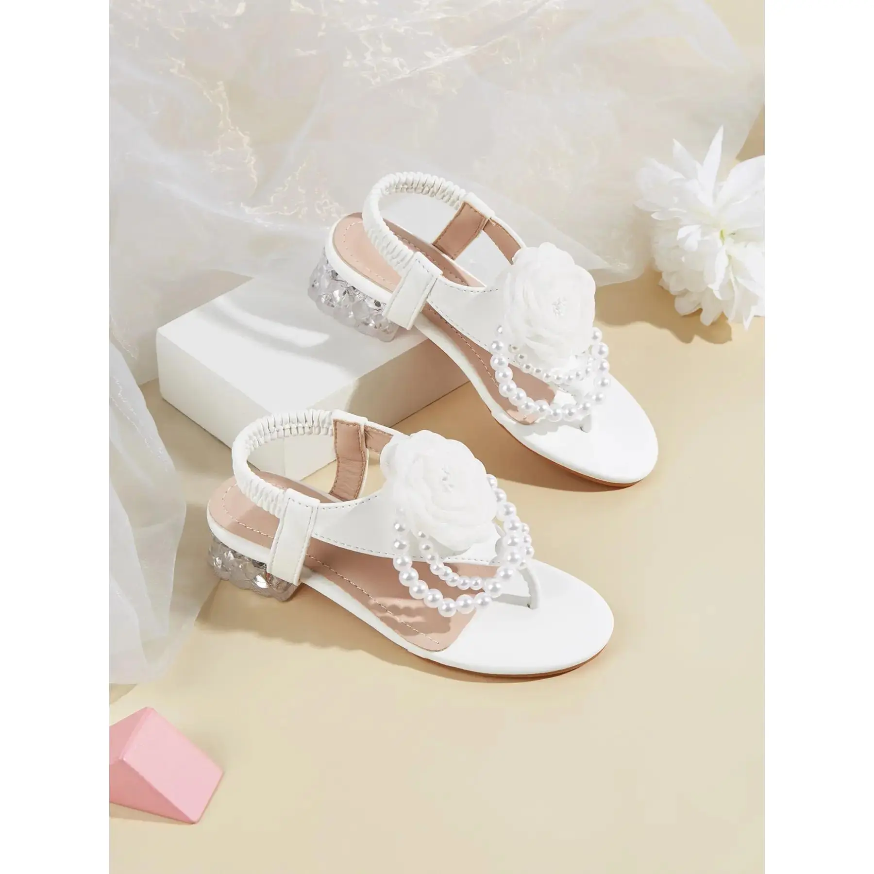 2026 Spring Summer New Girls' High Heel Sandals - PU Leather, CPSIA Labeled, Half Slip-On, Rhinestone Accent, Lace Flower, Pearl Accents, Comfortable, Versatile Casual Wear Footwear