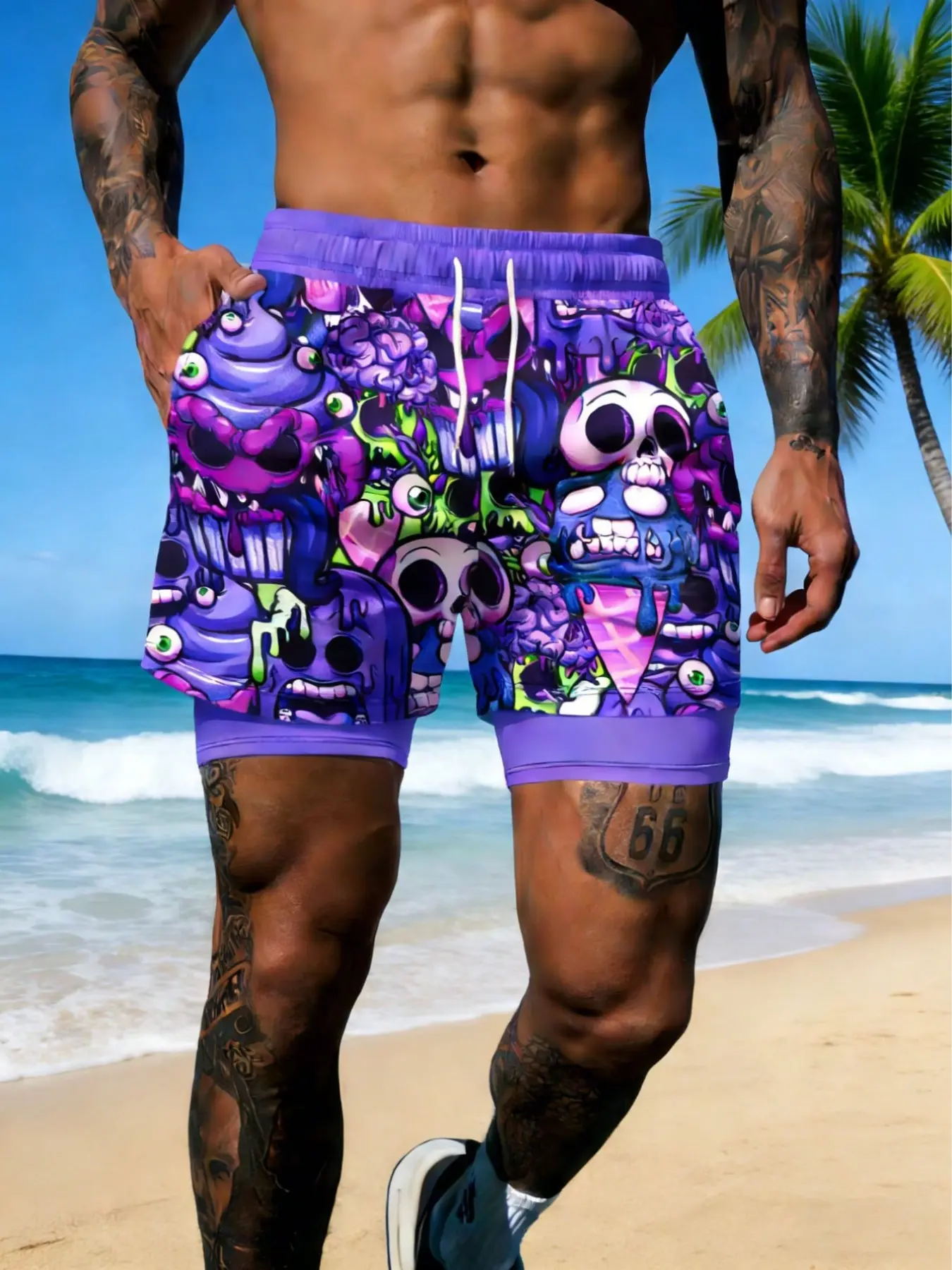 Men's Vintage Poster Print Beach Shorts, Summer Beach Trunks, Street Style Double Layer Anti-See-Through, Comfortable Breathable Surf Wear