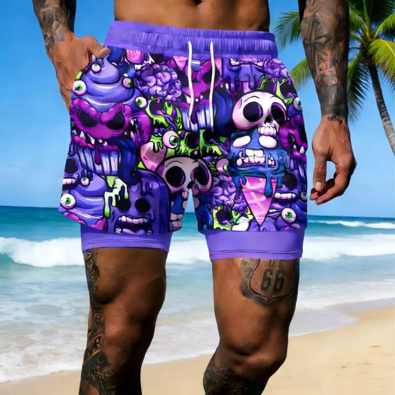 Men's Vintage Poster Print Beach Shorts, Summer Beach Trunks, Street Style Double Layer Anti-See-Through, Comfortable Breathable Surf Wear