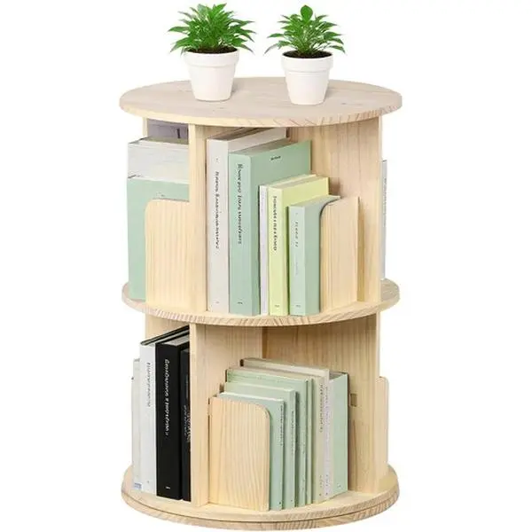 Superdeal 360° Rotate Pine Wood 2-Tier Round Shape Corner Bookshelf, Floor-Standing Sturdy Base Bookcase with Quick Install Feature