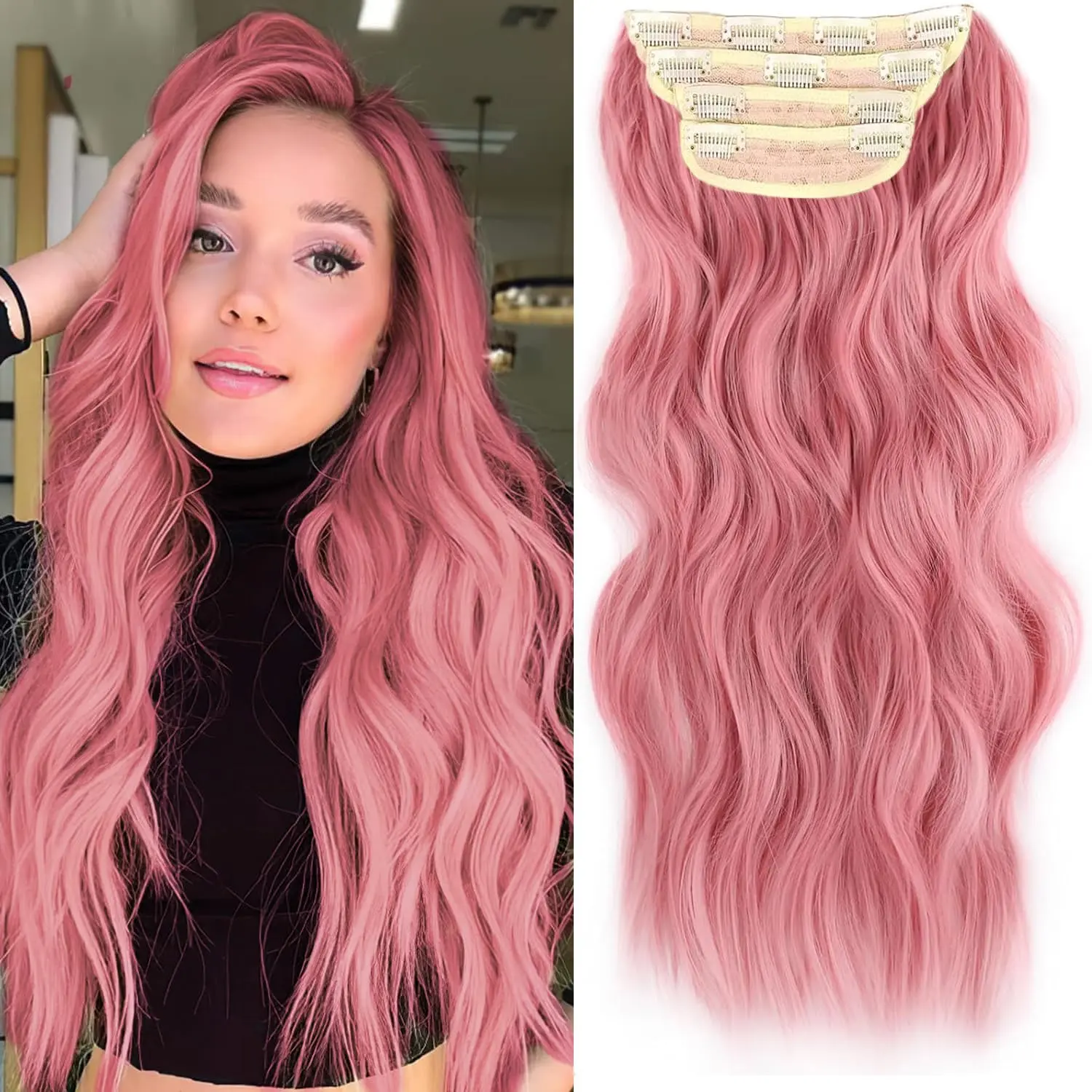 4 Pink Clip in Hair Extensions Natural Soft Long Wavy Synthetic Hair ...