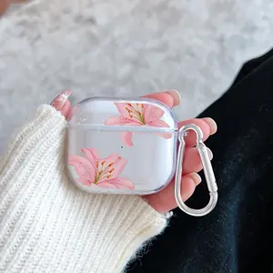 Minimalist Retro Lily Pattern Protective Case for AirPods 4/3/2/1/Pro/Pro2 Soft TPU Earphone Cover, Transparent with Keychain