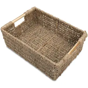 Large Natural Wicker Basket Rectangular with Wooden Handles, Seagrass for Organizing, Shelves 15.5 x 10.6 x 5.5 inches