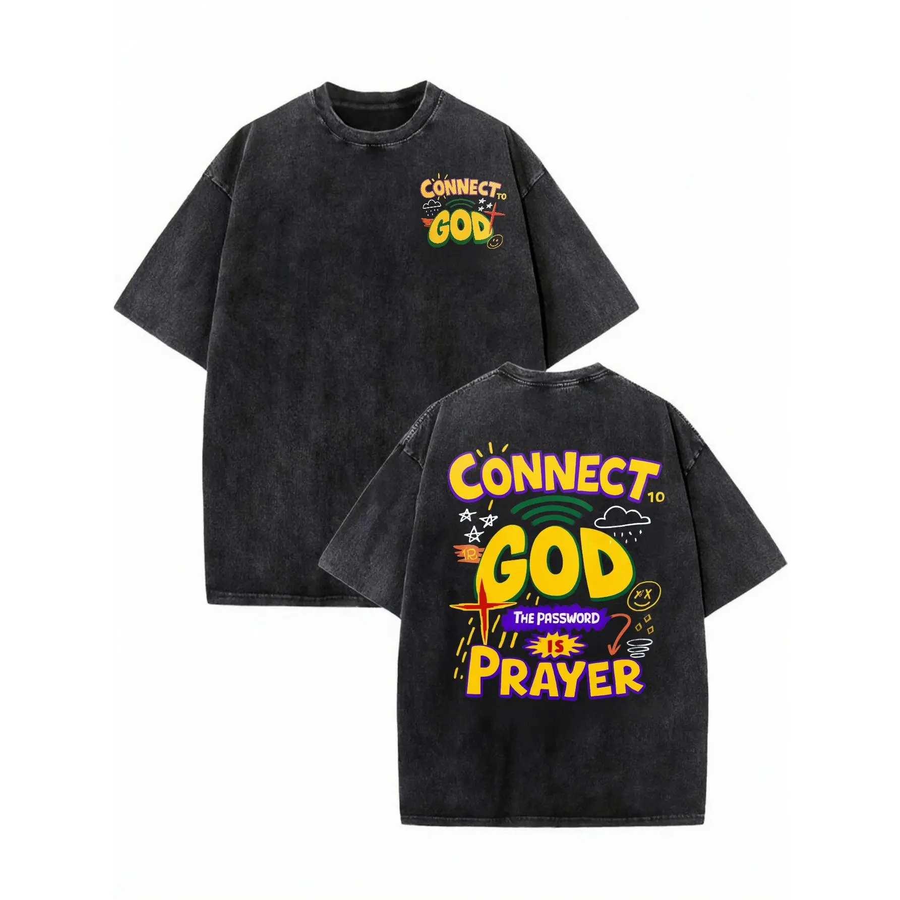 Men'S Vintage Washed T-Shirt with Connect to God Theme Pattern, Suitable for Everyday Wear And Machine Washable, Plus-Size Street Style Shirt, Trendy And Embodies a Belief Style, Soft Material, Ideal for Religious Even