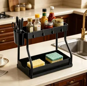 2 Tier Kitchen Countertop Organizer with Utensil Holder, Spice Rack with Drain Tray, Under Sink Storage Shelf, Space Saving Kitchen Caddy for Sink, Counter, Pantry, TikTok Viral