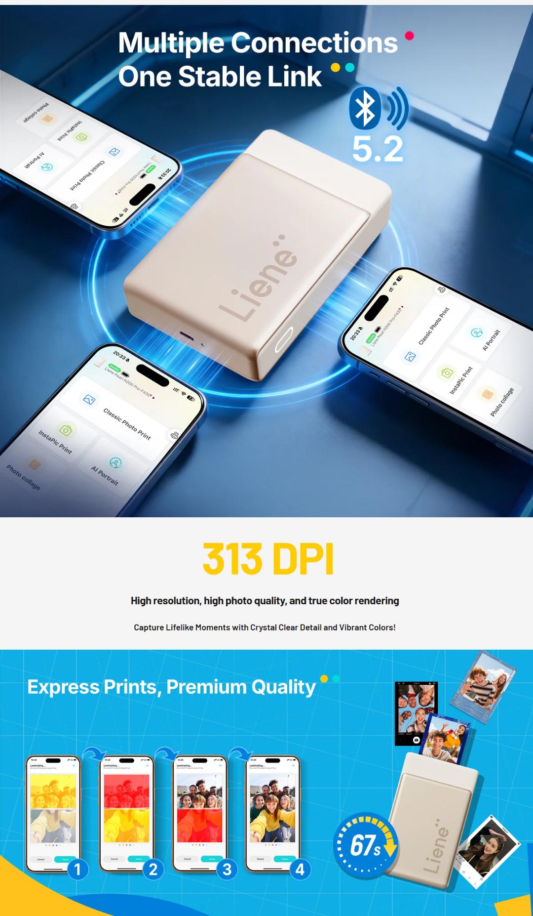 Liene Pearl N200 Pro Portable Photo Printer, Instant Mini Picture Printer for iPhone Smartphone, Thermal Dye Sublimation, Bluetooth Sticker Printer 50 Sheets 2x3 Adhesive Paper & 5 Cartridges, New Drops, Spring Glow Up