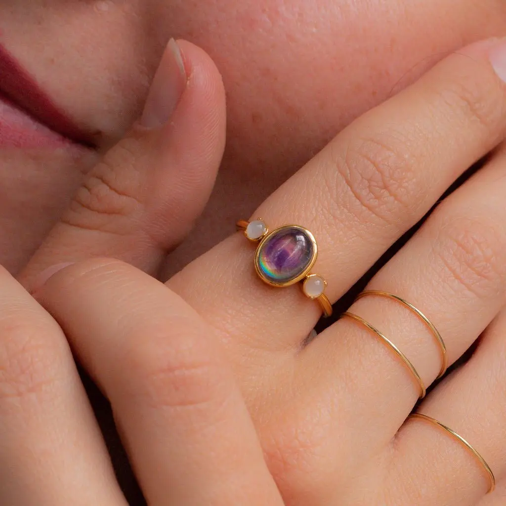 Color Changing Dainty Bejeweled Oval Mood Ring - Gold, Rose Gold, Silver