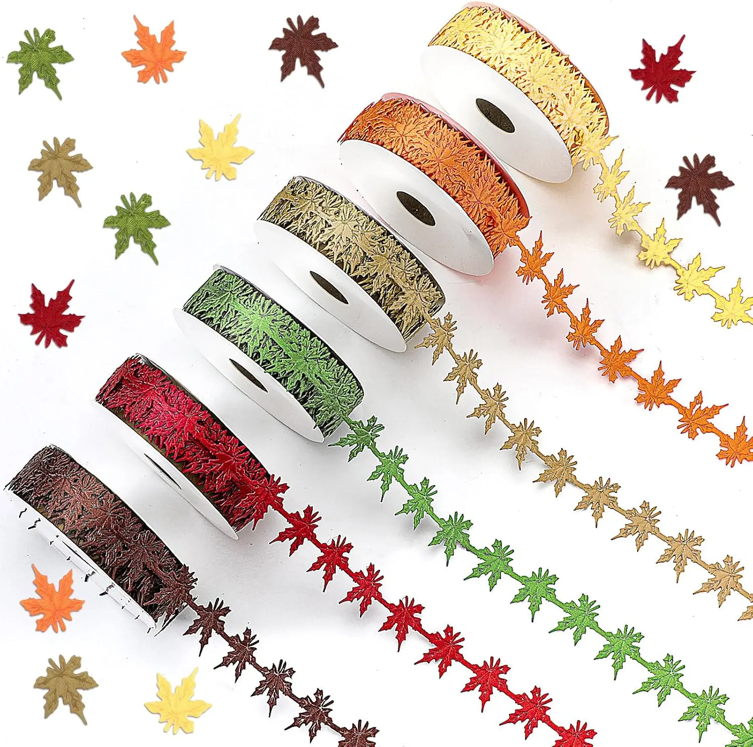6 Rolls Thanksgiving Fall Ribbons Maple Leaf Shape Fall Craft Thin Ribbon 30 Yards Garland Maple Leaves Fabric Burlap Trim for DIY Craft  Wreath Bows Wrapping Autumn Party Decoration