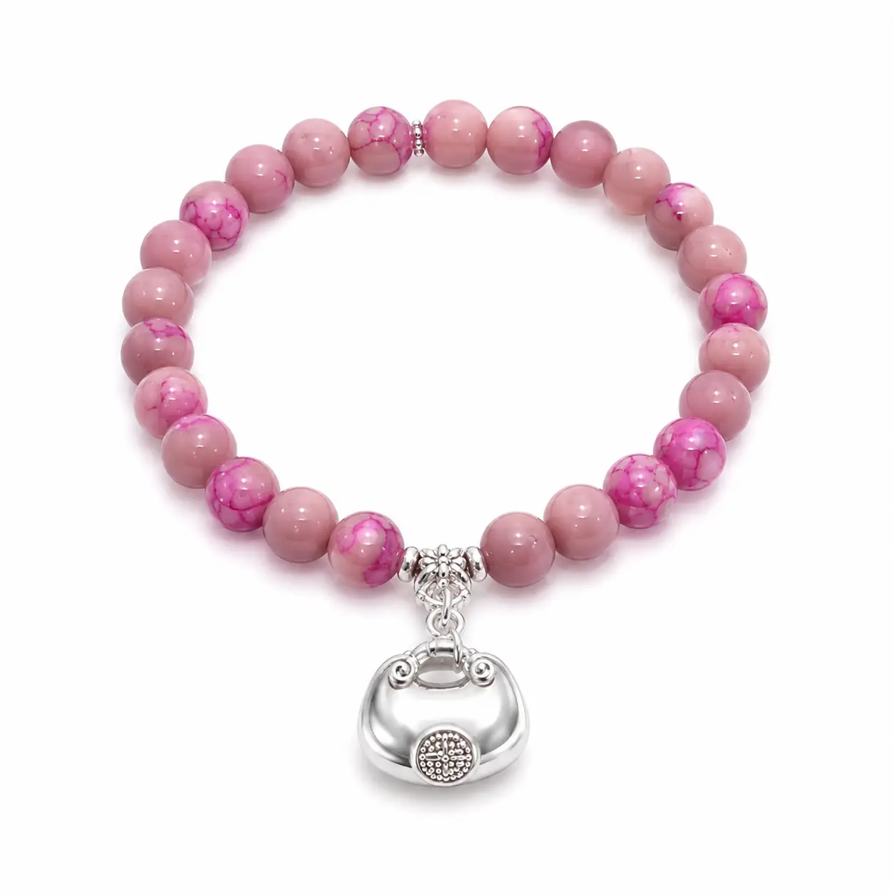 Pink Marbled Bead Wrap Bracelet for Women, Multi-Layer Stretch Bracelet with Silver-Tone Purse Charm, Cute Stackable Fashion Jewelry for Daily Wear, Birthday, Friendship, Valentine’s Day, Mother’s Day and Gift Giving