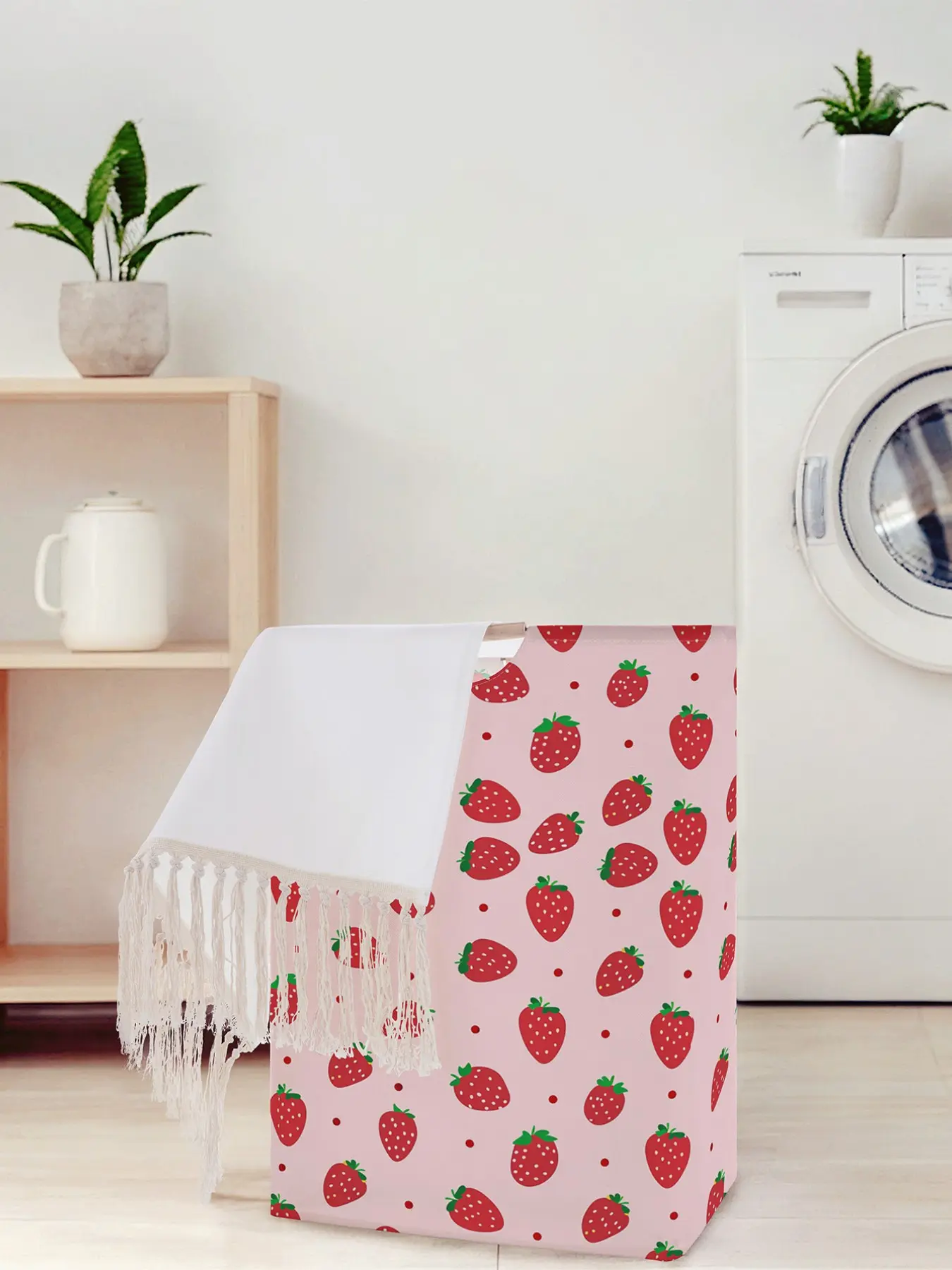 Strawberry Print Open Storage Box, Foldable Laundry Basket with Handles, Versatile Household Storage for Bathroom & Clothes