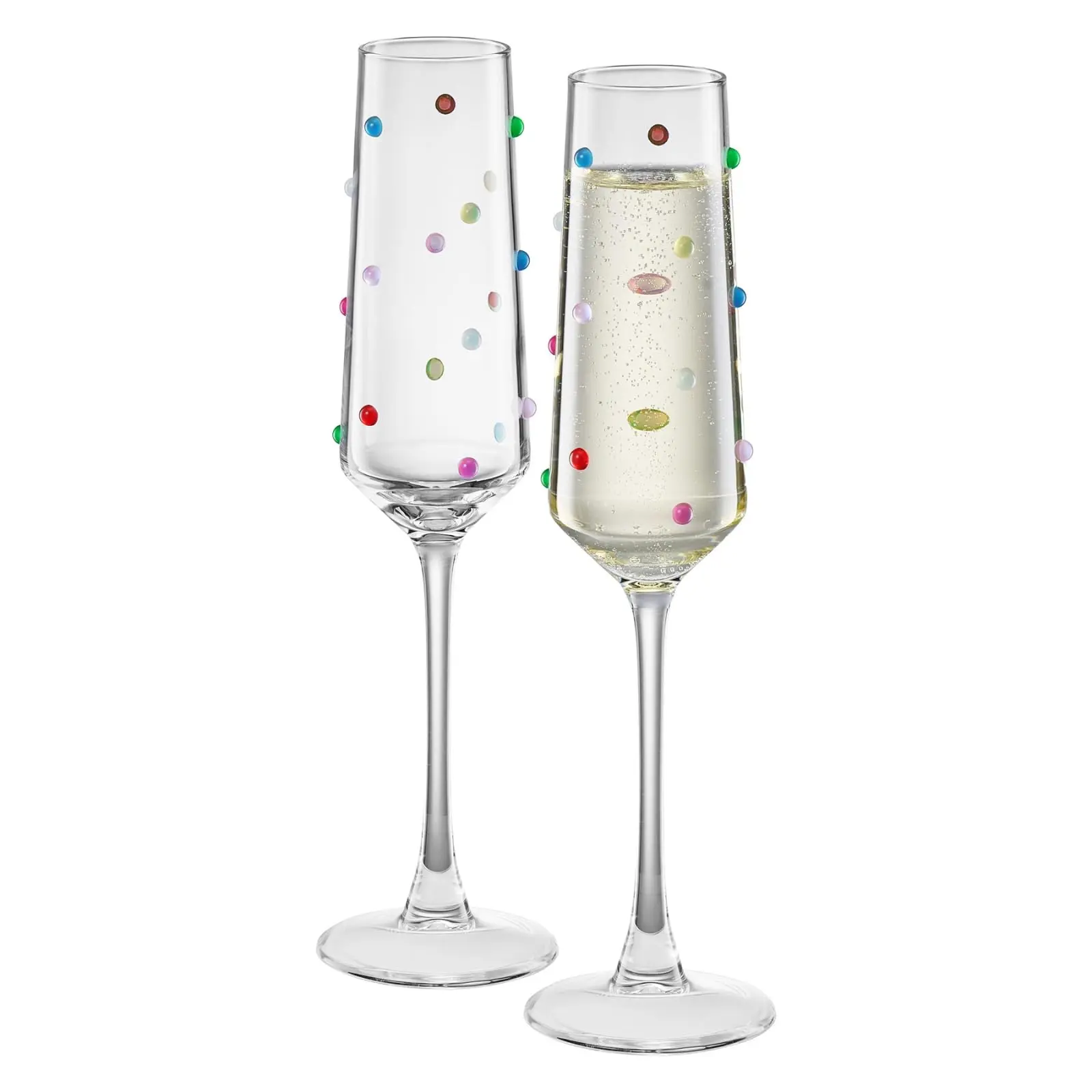 Khen Confetti Champagne Flutes Set of 2, 6.59oz Colorful Clear Glass Stemmed Goblets for Sparkling Wine and Beverages, Elegant Handmade Drinkware Weddings Parties Celebrations Housewarming Gifts