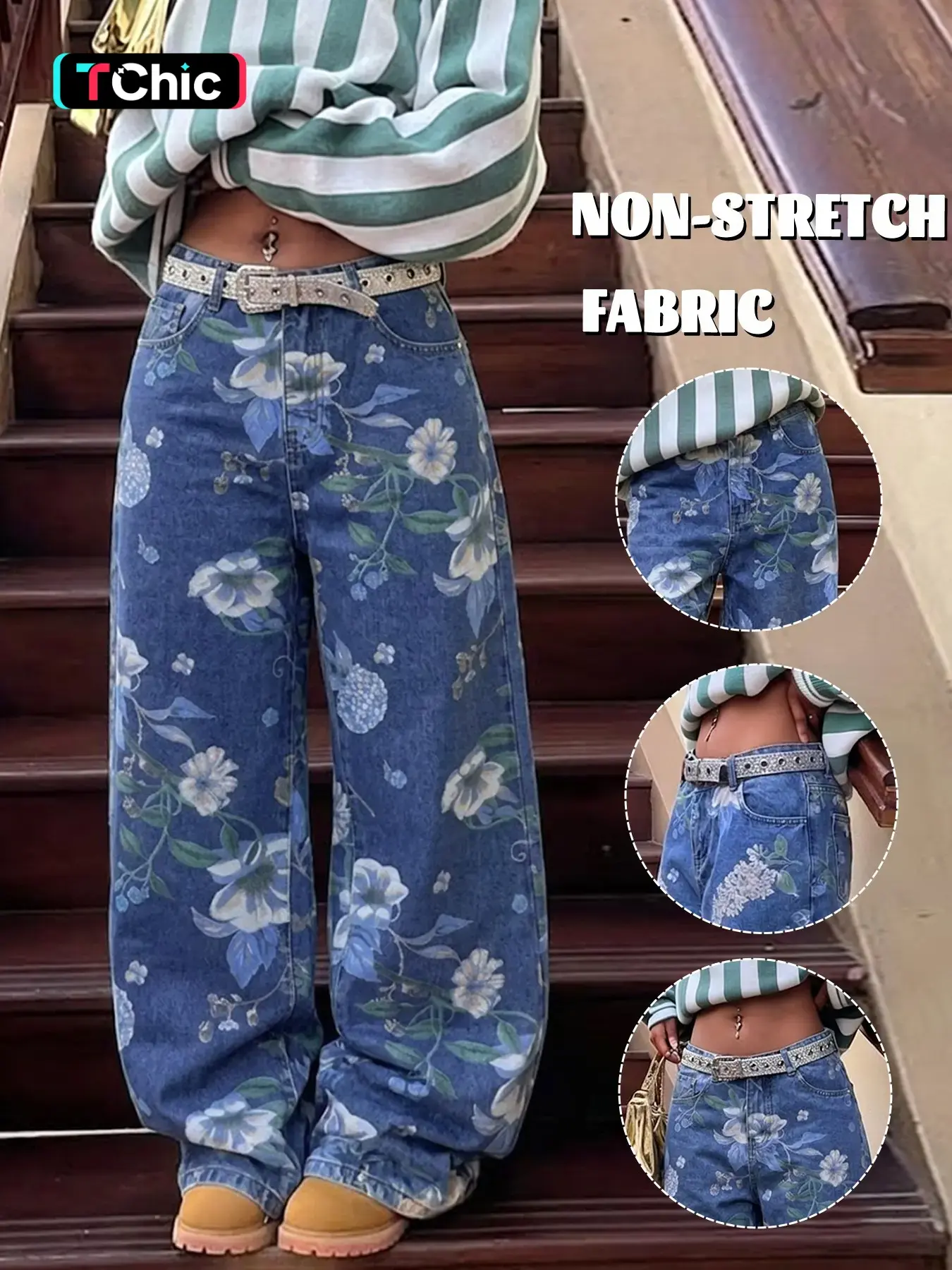 GILIPUR Women's Dark Blue Washed Floral Print Mid-Rise Wide Leg Denim Woven Jeans, Flowy Trouser Jeans, Oversize Loose Fit Floor Length Baggy Denim Pants with Pockets, Vintage Y2K Streetwear Daily Commute Vacation Casual Outfits for Women TChic Womenswear