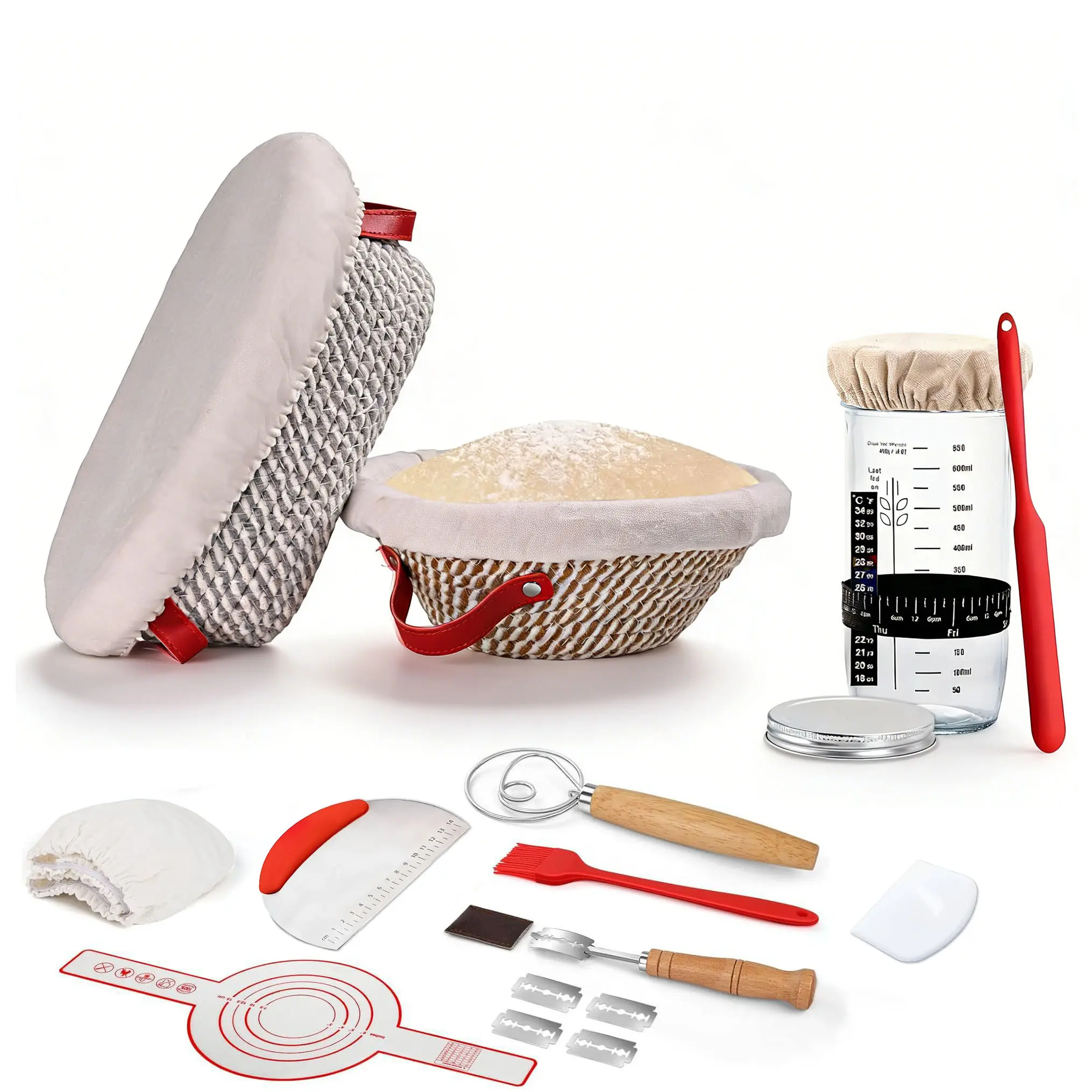 Sourdough Starter Kit Banneton Bread Proofing Basket Set, Dough Whisk, Lame & More Cotton Blend Baking Supplies for Sourdough Bread, The Perfect Gift For Ladies, Wives, Mothers And Fathers