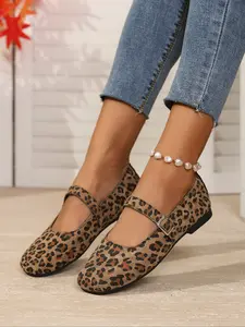 Women's Retro Round Toe Leopard Print Rubber Ballerina Flats, Comfortable Slip-On Ballet Shoes, Stylish Low-Top Casual Footwear