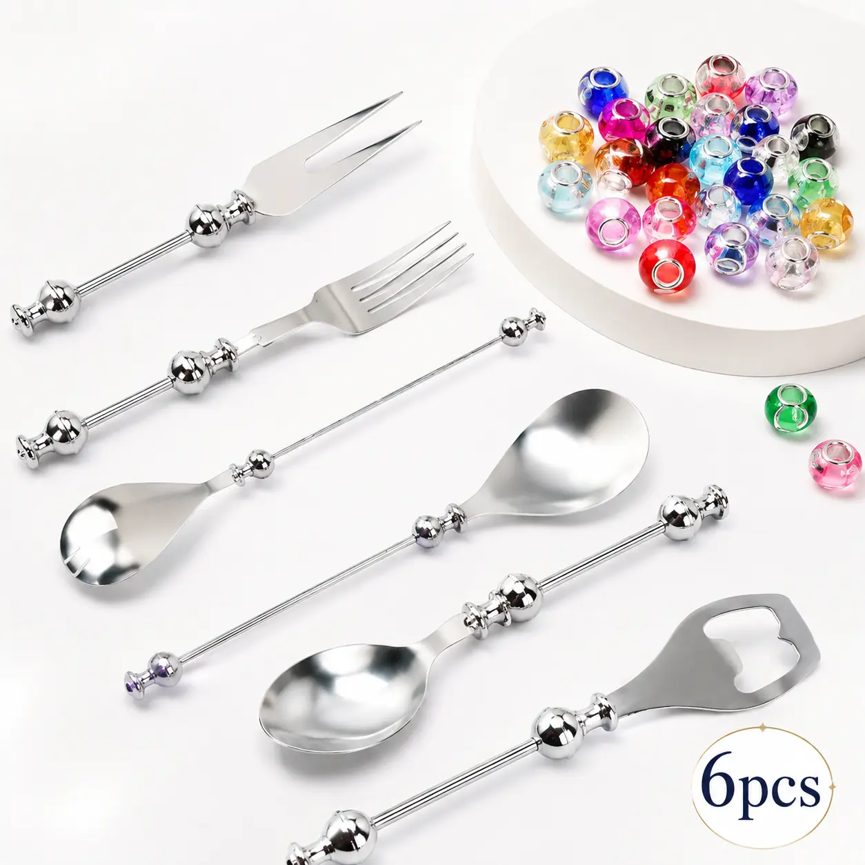 Adult 6-Piece DIY Beaded Stainless Steel Cutlery Set - Colorful Polished Utensils, Salad Serving Spoon, Fork, Decorative Tableware, Ideal for Everyday Use, Holiday Table, Party Gifts