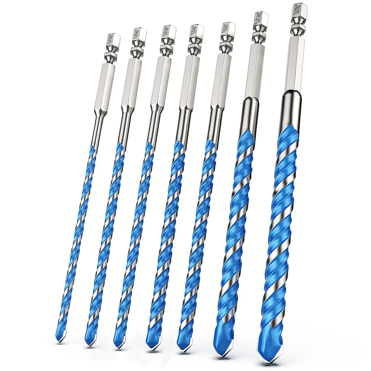 Carbide Masonry Drill Bit Set (7-, 5/32"-3/8"), Hex Shank Concrete Drill Bits for Brick, Tile, Cement, Plastic