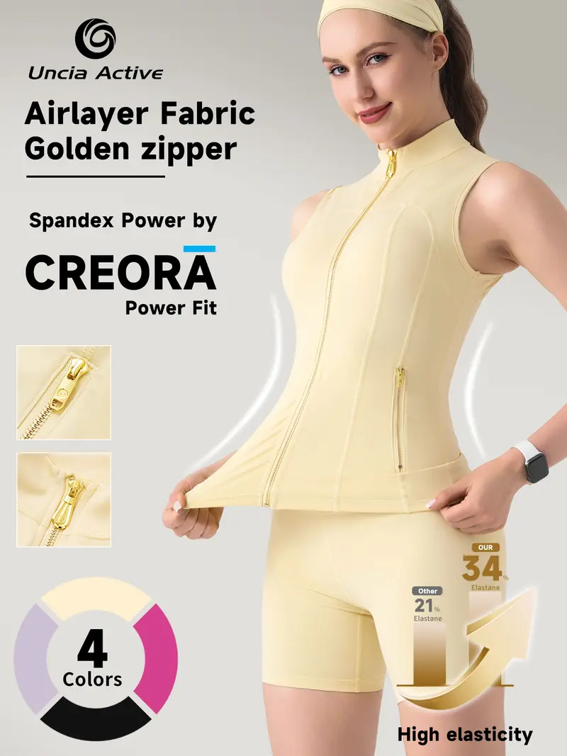 UnciaActive Gold Zipper Vest & Shorts Set - Minimalist Women's Tracksuit with Spandex Power Fit for Workout & Yoga - Airlayer Fabric & High Elasticity - 4 Color Options - Basic / tracksuit set - workout sets women - gym outfits - gym shorts - bikershorts