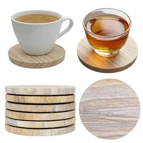 Gaomon 6-Piece Round Sandstone Coaster Set, 4 in Natural Stone Drink Coasters with Non-Slip Cork Backing, Absorbent Heat-Resistant Modern Home Decor Countertop Set for Home Bar Wedding