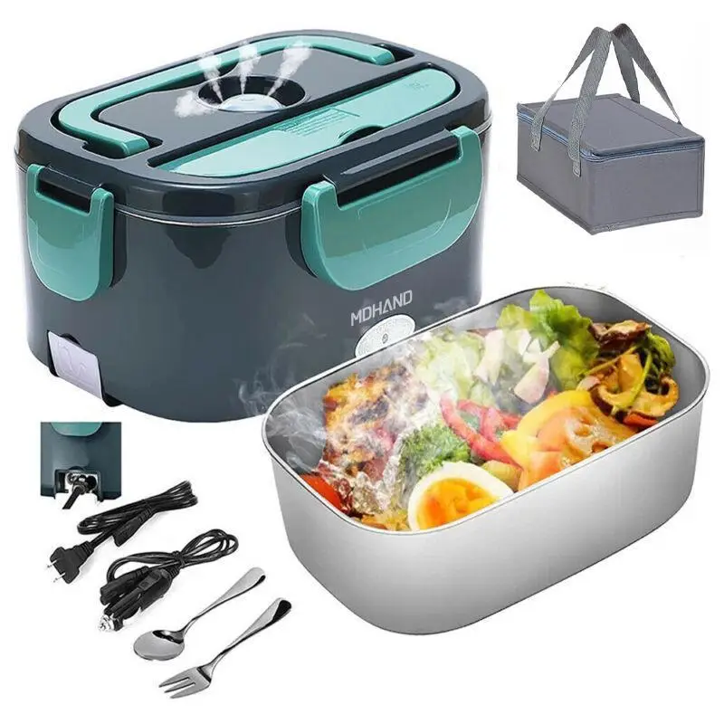 2-in-1 Electric Lunch Box Heater for Car/Truck/Home/Work – Leak Proof, 4 Removable Stainless Steel Containers, 110V/12V/24V 60W Tableware